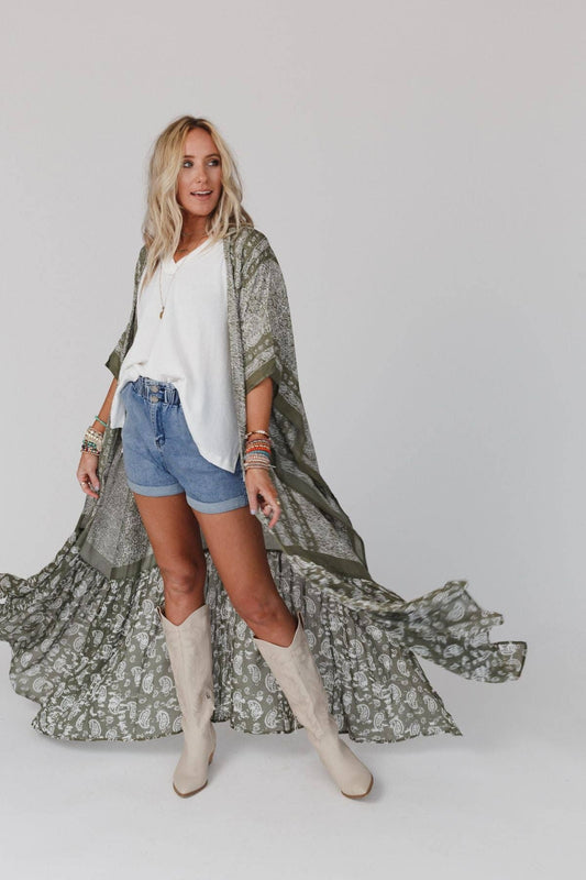 Three Bird Nest - Paisley Tapestry Free Flow Duster Kimono - Olive: OS