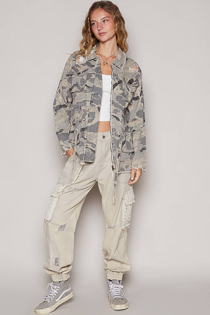 Zipper camo print jacket with pockets