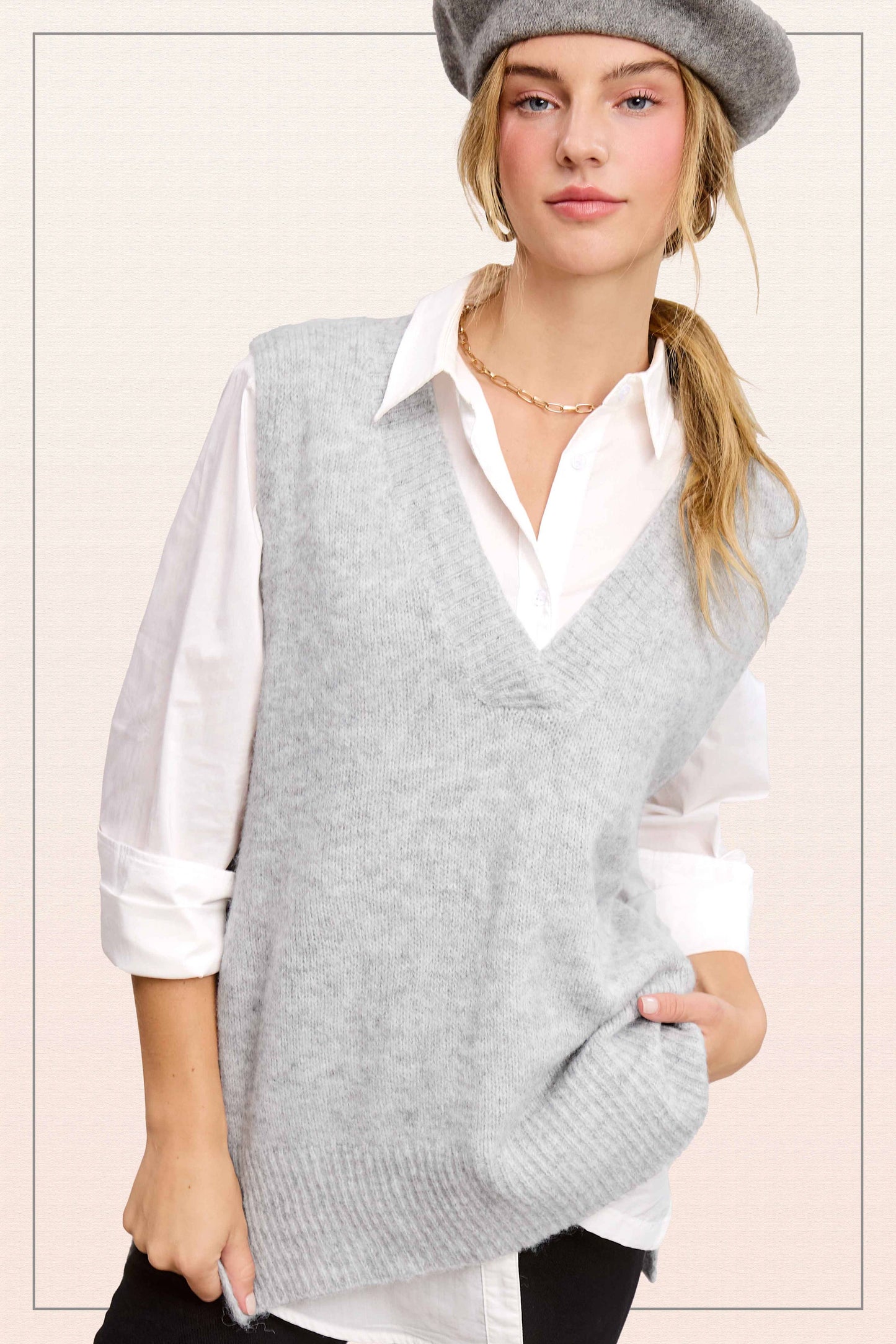 La Miel - MCS3589-Oversized Soft Knit Sweater Vest with Side Slit