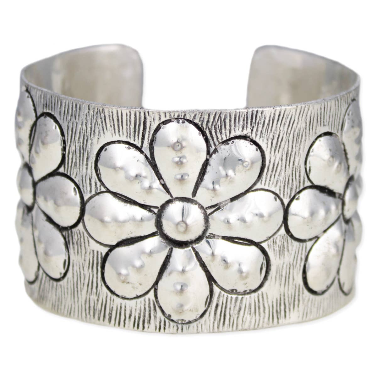ZAD - Embossed Silver Flower Cuff Bracelet