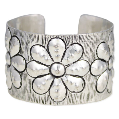 ZAD - Embossed Silver Flower Cuff Bracelet