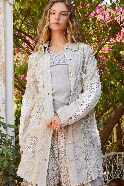 Pol Clothing - Oversize balloon long sleeve crochet print patch shacket