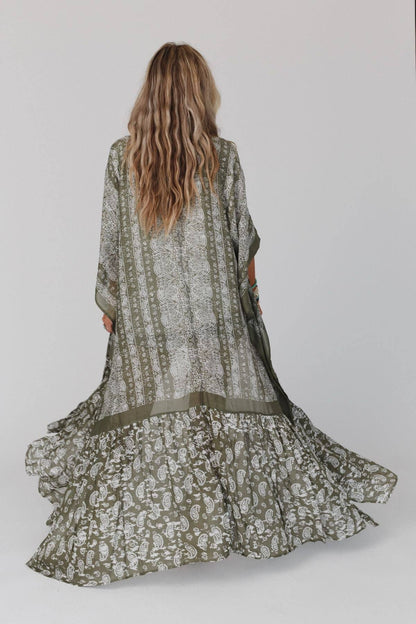 Three Bird Nest - Paisley Tapestry Free Flow Duster Kimono - Olive: OS