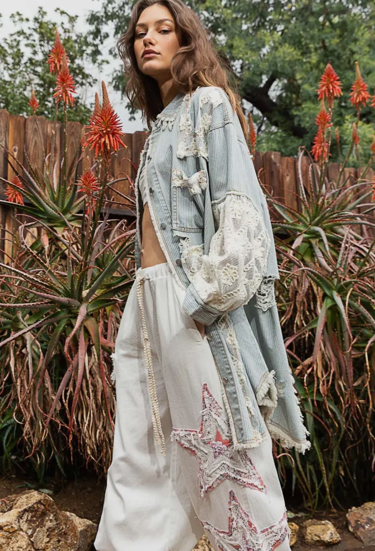 Oversize crochet denim jacket ￼