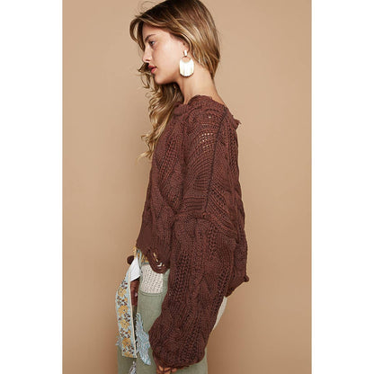 Vintage washed distressing solid cable knit sweater