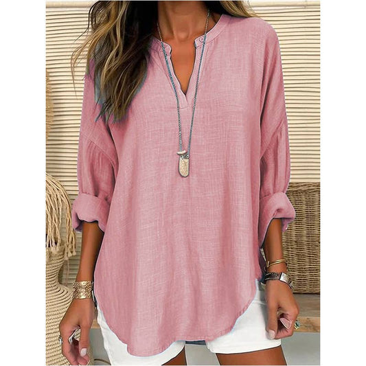 Blouse Linen Long Sleeve Casual V Neck Top