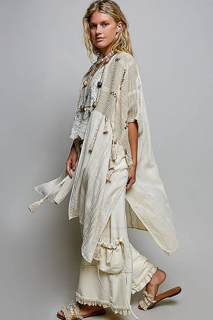 Pol Clothing - Boho Crochet Contrast Sequin Tassel Midi Kimono Fit Cardigan