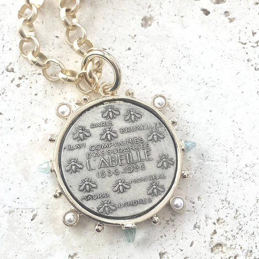 VB&CO Designs Handmade Jewelry - French Bee coin necklace matte gold jewelry handmade