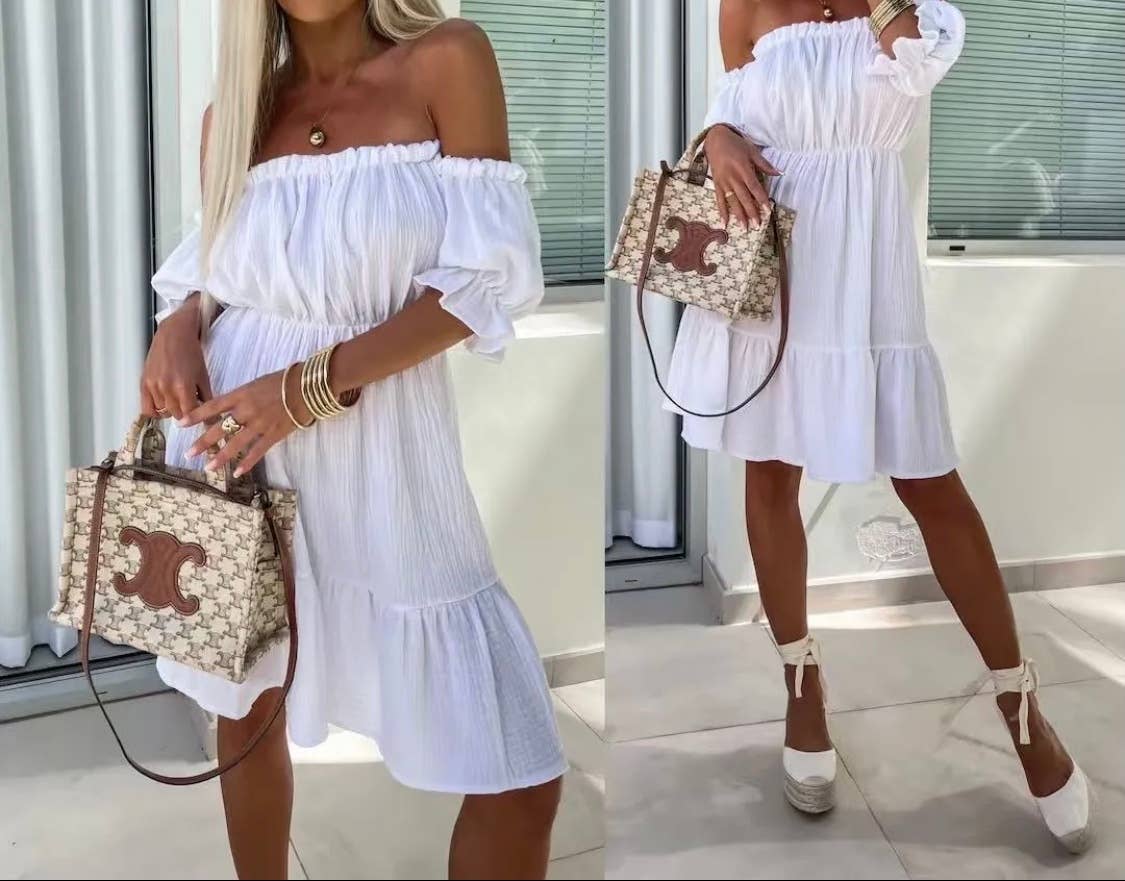 White Off-the-Shoulder Ruffled Summer Dress LOOWIE