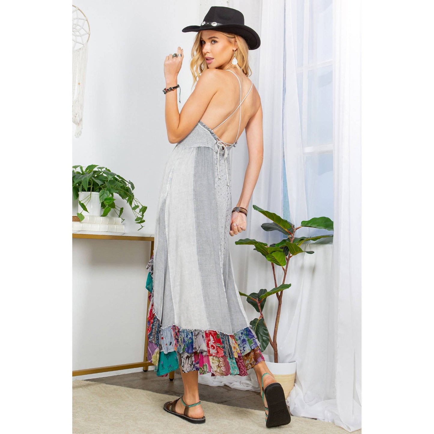 Young Threads - Sun-Kissed Patchwork: Smocked Bliss Boho Mid-Length Dress 