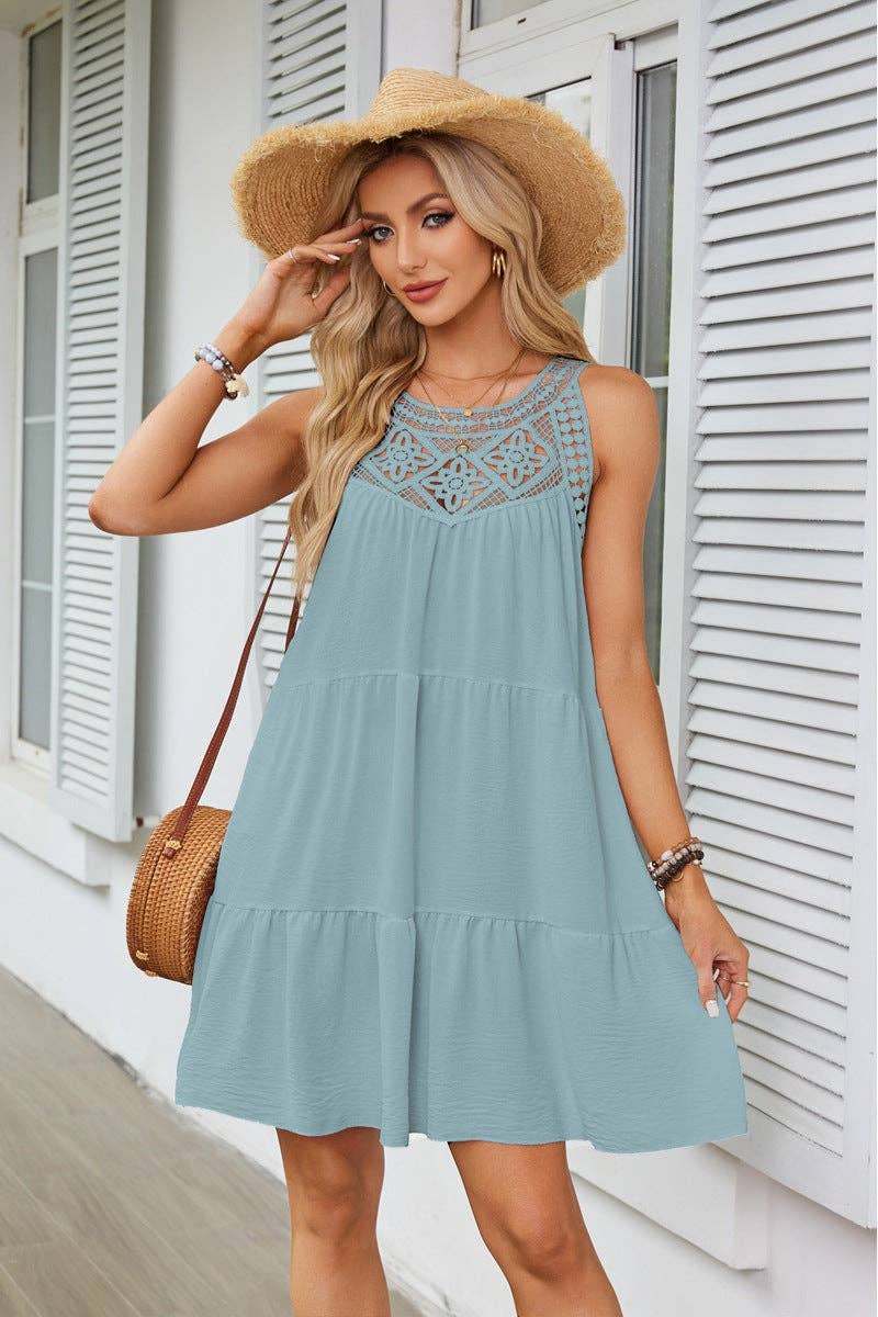 Lovesoft - Halter Neck Lace Trim Tiered A Line Summer Dress