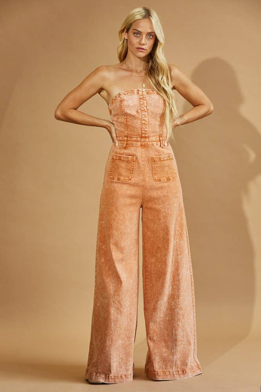 WISTERIA LANE - BOHO MINERAL WASH WIDE LEG DENIM JUMPSUIT