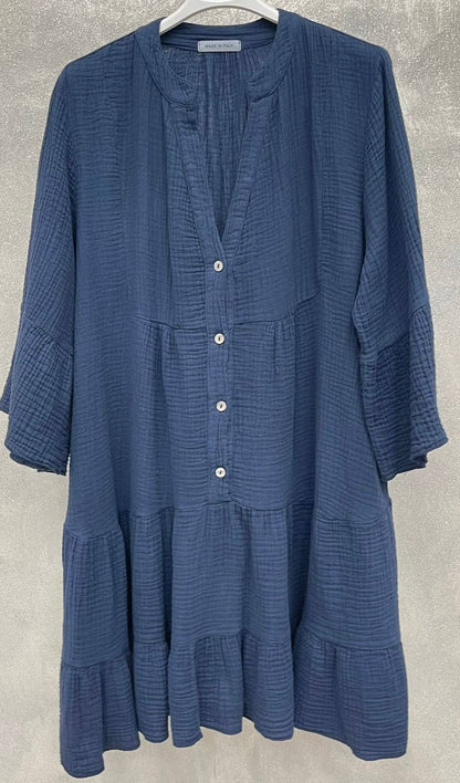 LOOWIE -Navy Gauze Cotton Italian Short Dress 3/4 Sleeves