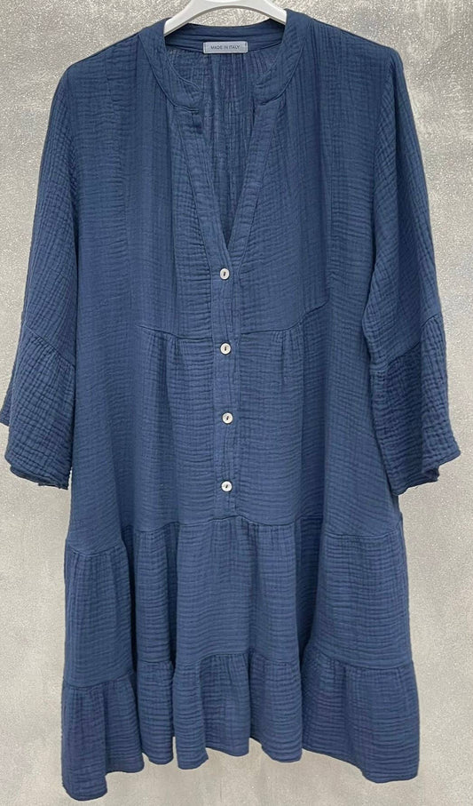 LOOWIE - SW177 Navy Gauze Cotton Italian Short Dress 3/4 Sleeves