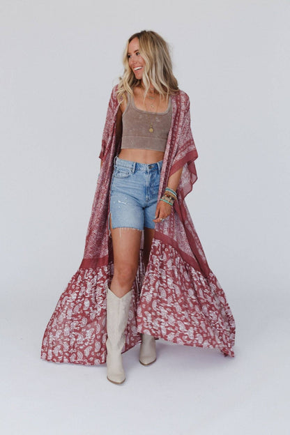Three Bird Nest - Paisley Tapestry Free Flow Duster Kimono - Wine