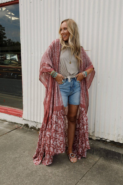 Three Bird Nest - Paisley Tapestry Free Flow Duster Kimono - Wine