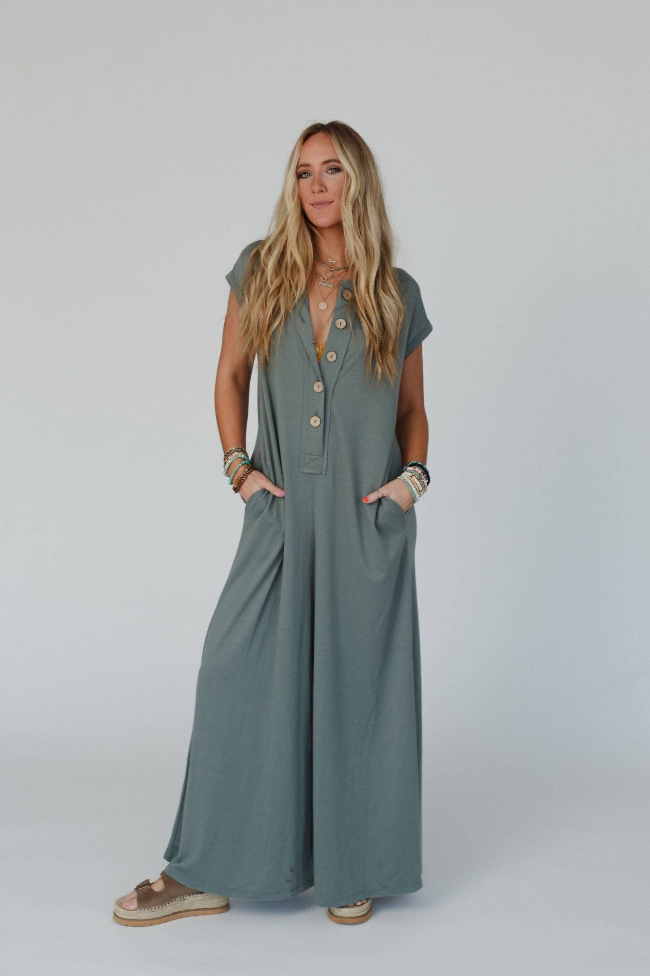 Three Bird Nest - Davina Wide Leg Jumpsuit - Light Olive