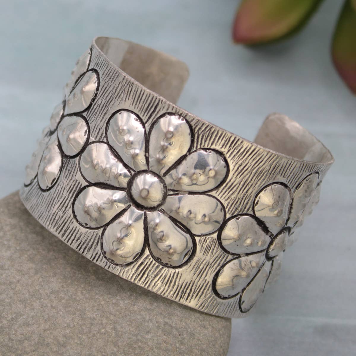 ZAD - Embossed Silver Flower Cuff Bracelet