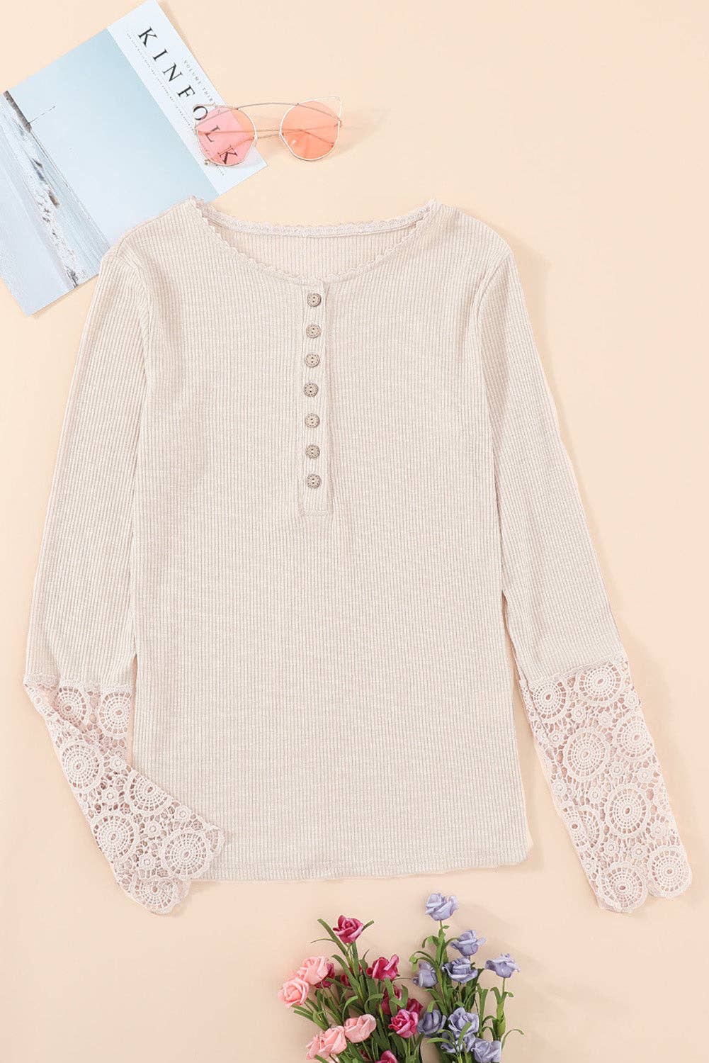 Lovesoft - Beige Crochet Lace Hem Sleeve Button Top