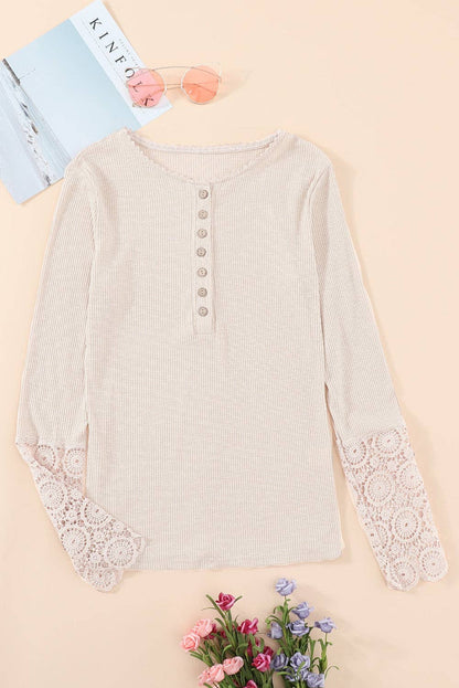 Lovesoft - Beige Crochet Lace Hem Sleeve Button Top