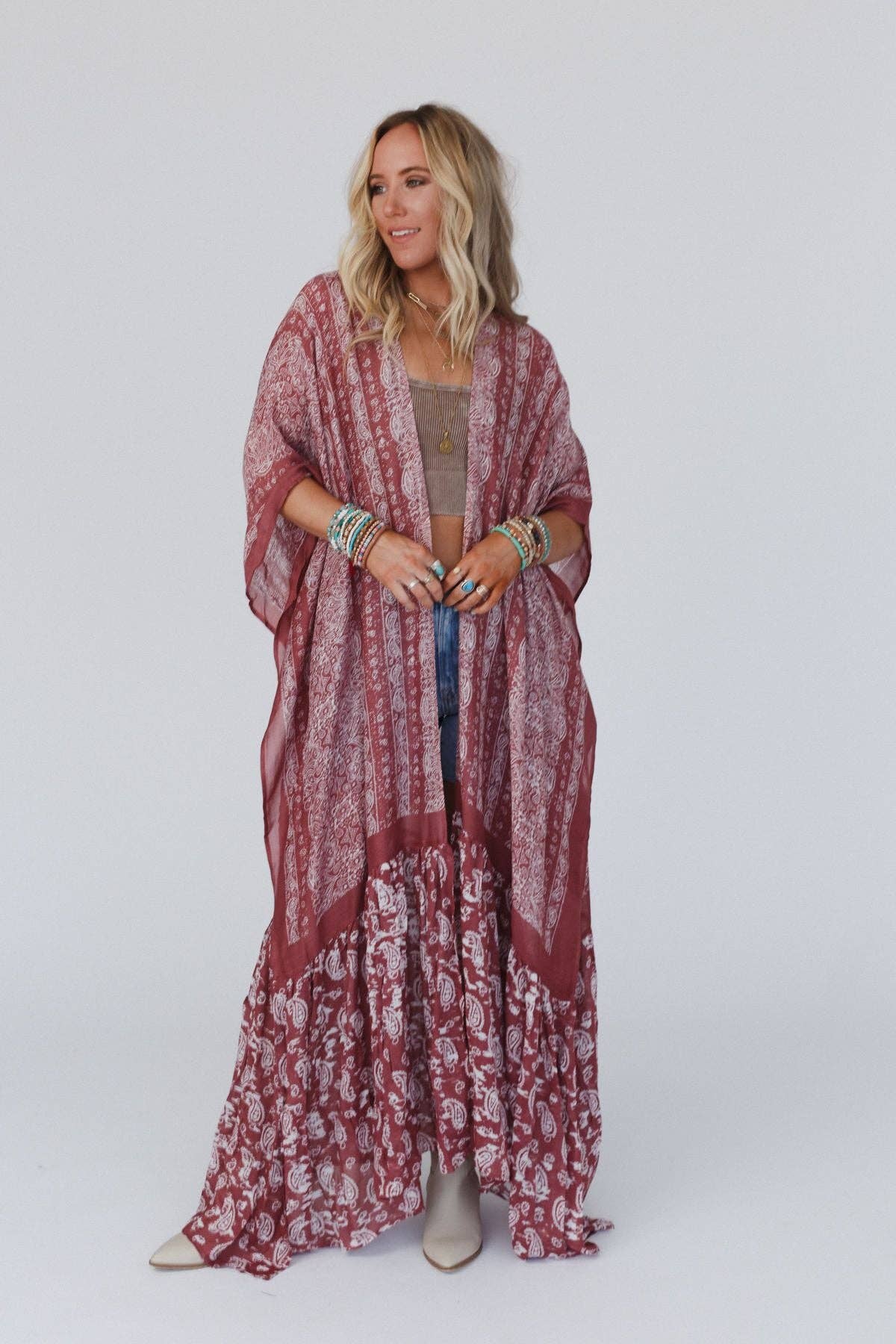 Three Bird Nest - Paisley Tapestry Free Flow Duster Kimono - Wine