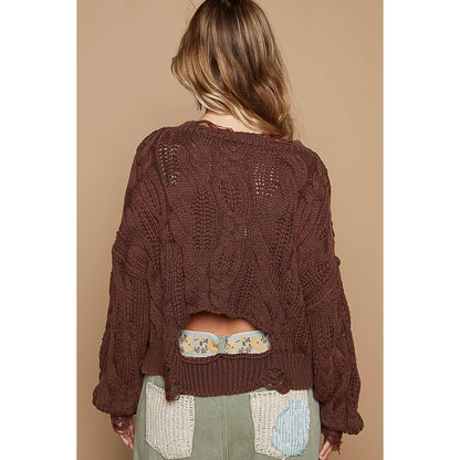 Vintage washed distressing solid cable knit sweater