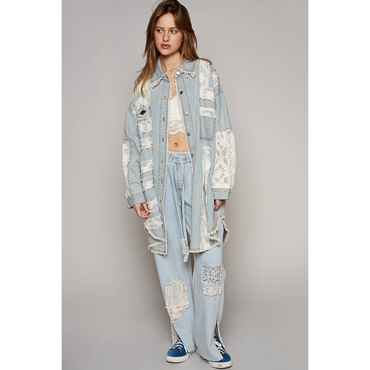 Pol Clothing - Oversize distressed crochet patch denim shacket