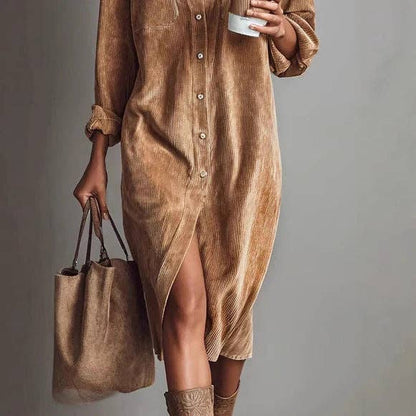 EmberLoom - Women Corduroy Long Sleeve Shirt Dress