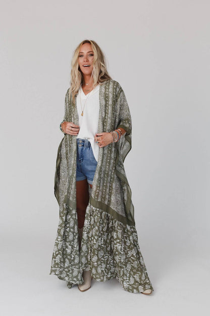 Three Bird Nest - Paisley Tapestry Free Flow Duster Kimono - Olive: OS