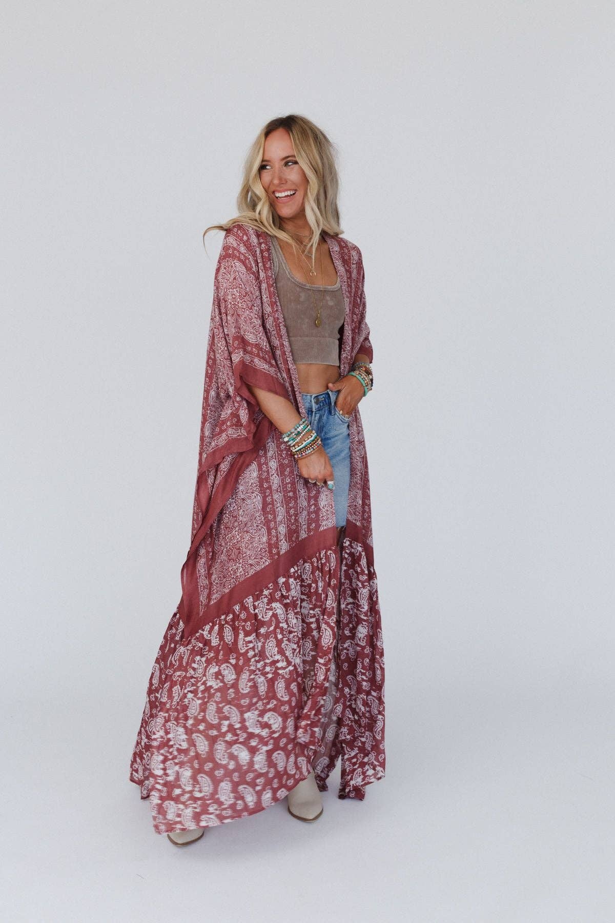 Three Bird Nest - Paisley Tapestry Free Flow Duster Kimono - Wine