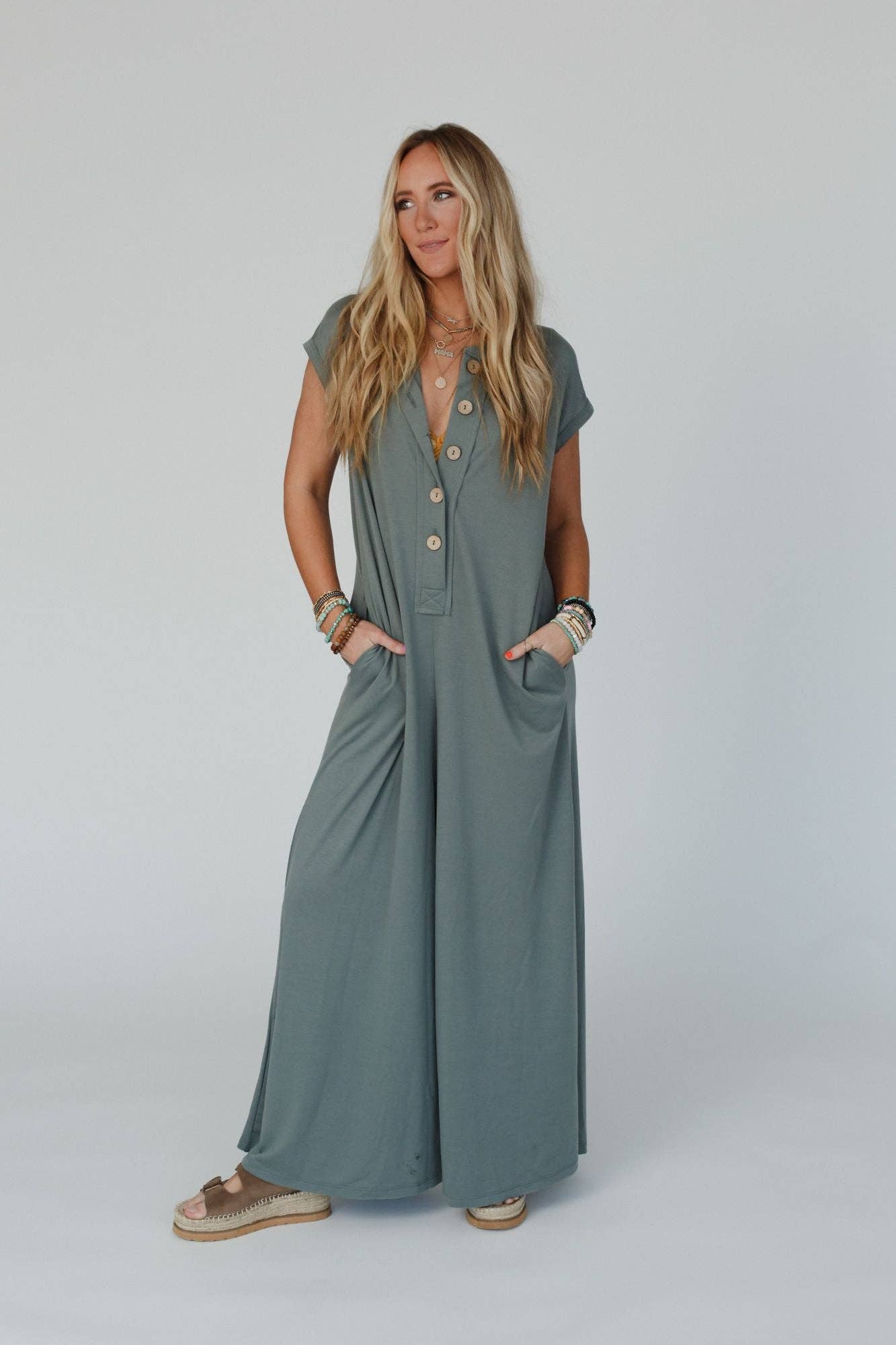 Three Bird Nest - Davina Wide Leg Jumpsuit - Light Olive