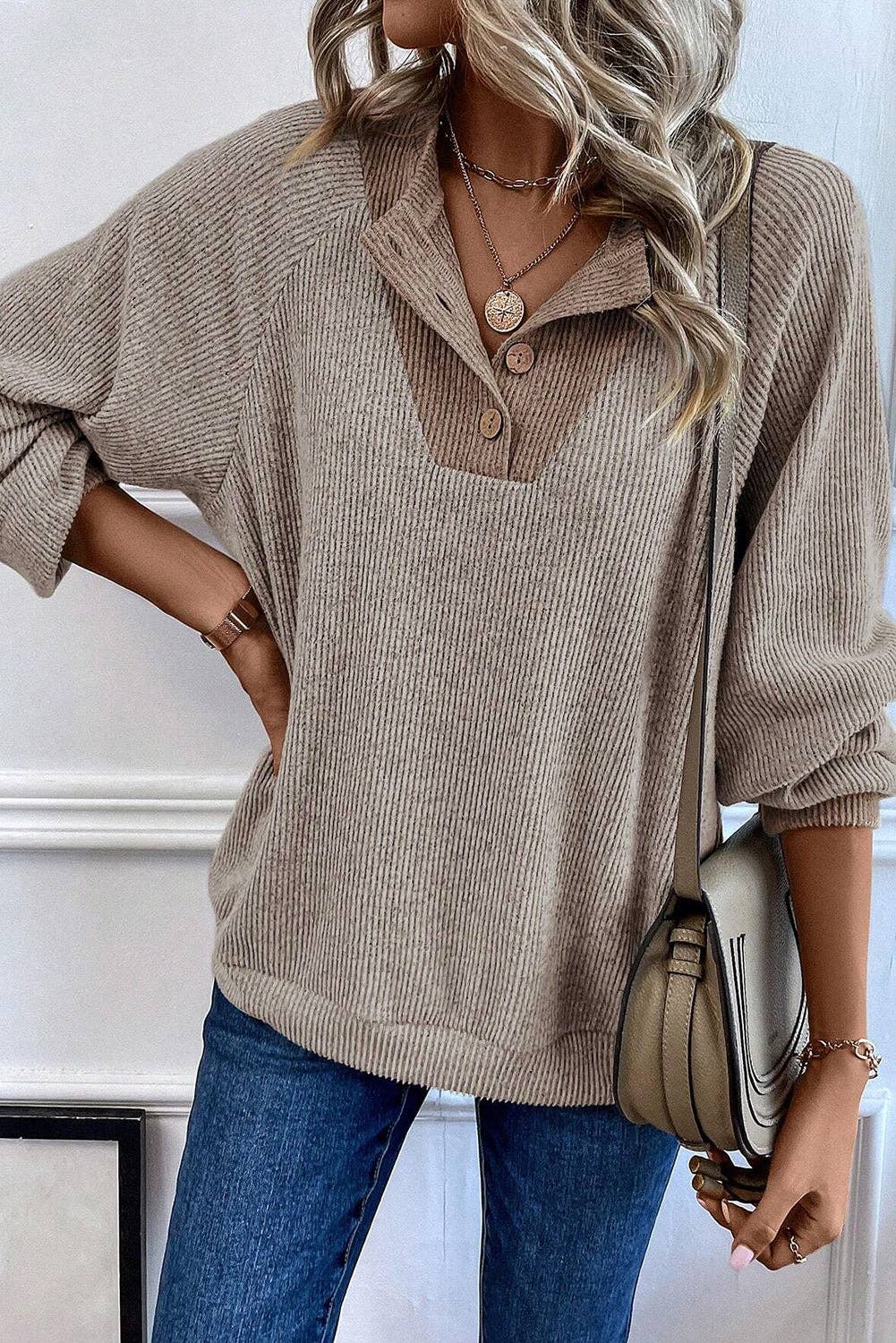 Lovesoft - Jet Stream Color Contrast Ribbed Loose Fit Long Sleeve Top