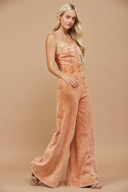 WISTERIA LANE - BOHO MINERAL WASH WIDE LEG DENIM JUMPSUIT