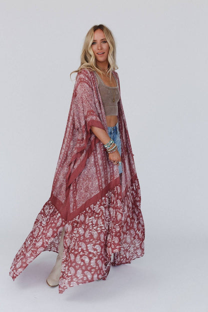 Three Bird Nest - Paisley Tapestry Free Flow Duster Kimono - Wine