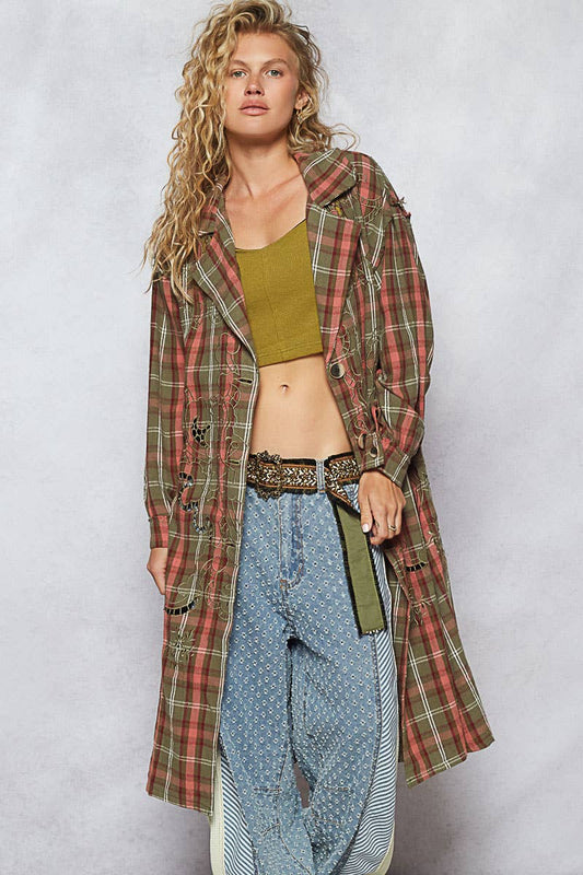 Pol Clothing - Lapel collar contrast stitch details plaid long jacket