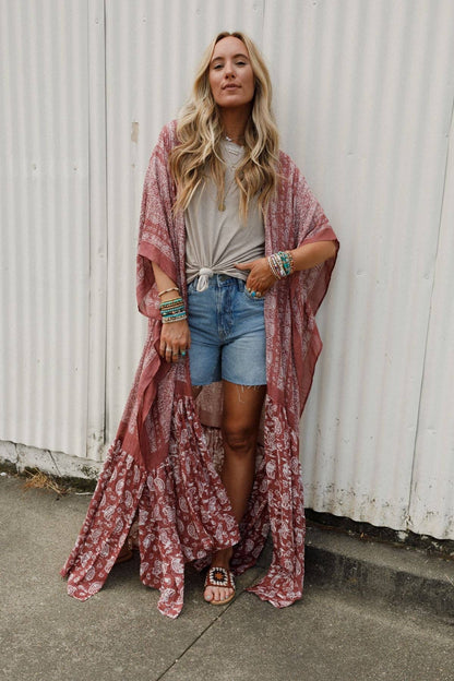 Three Bird Nest - Paisley Tapestry Free Flow Duster Kimono - Wine