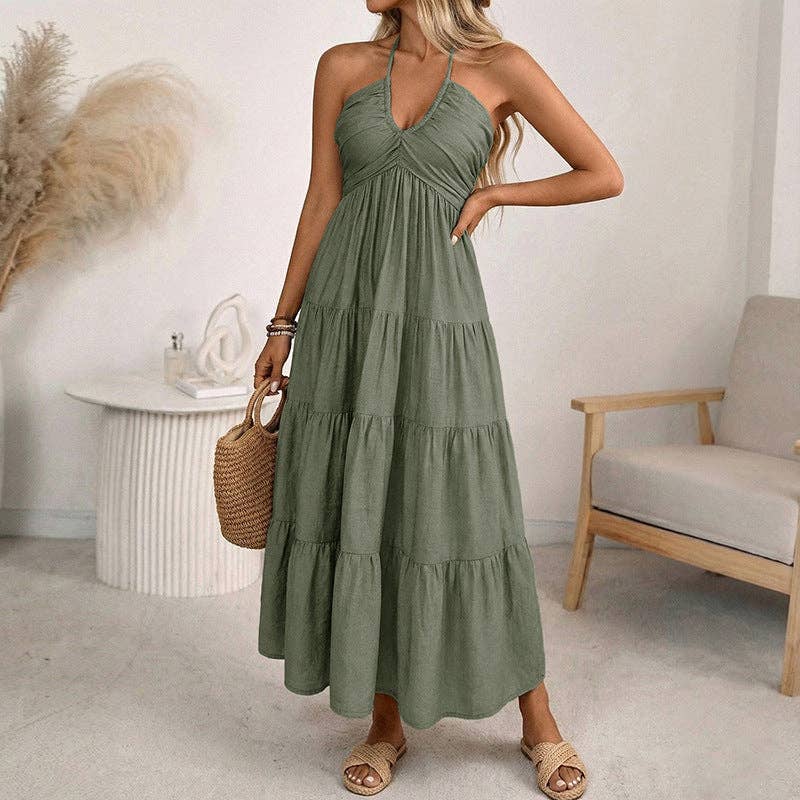 Lovesoft - Women’s Halter V Neck Tiered Maxi Dress Backless
