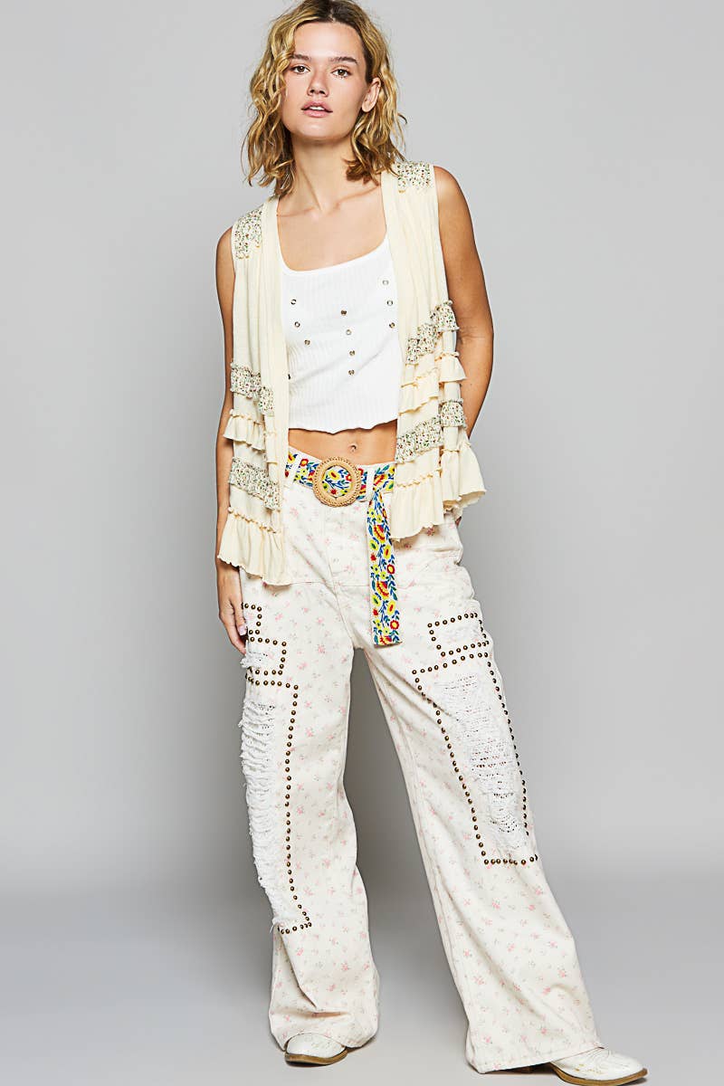 Pol Clothing - Floral pattern print circle buckle belt