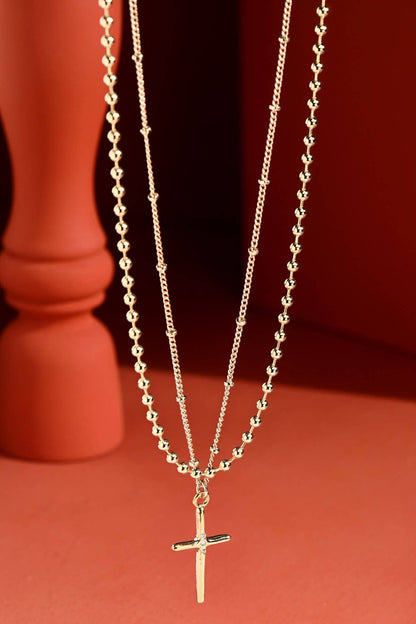 Urbanista - Brass 2-Layered Necklace with Pave Cross Pendant