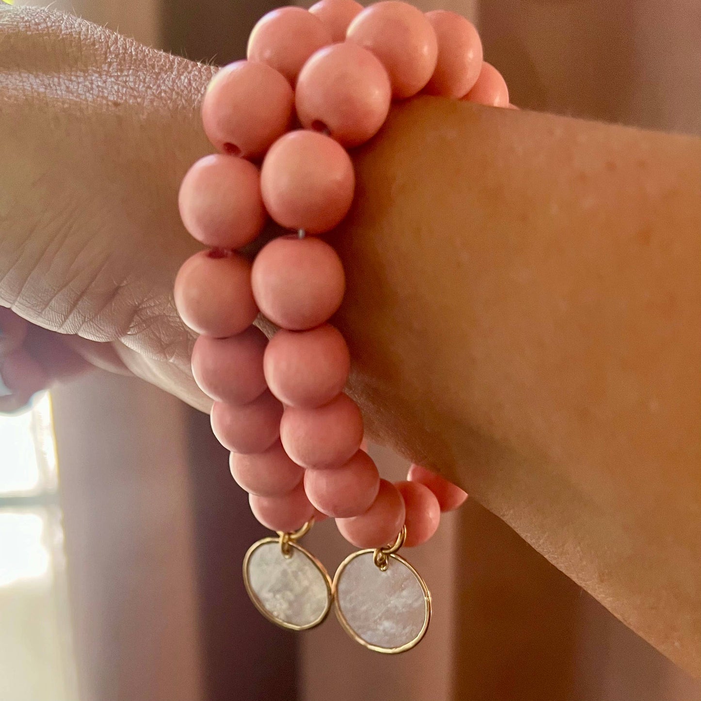 Nellie Pratt Artisan Jewelry - Charmed Life- wood shell beachy boho stretch bracelet: Light Pink