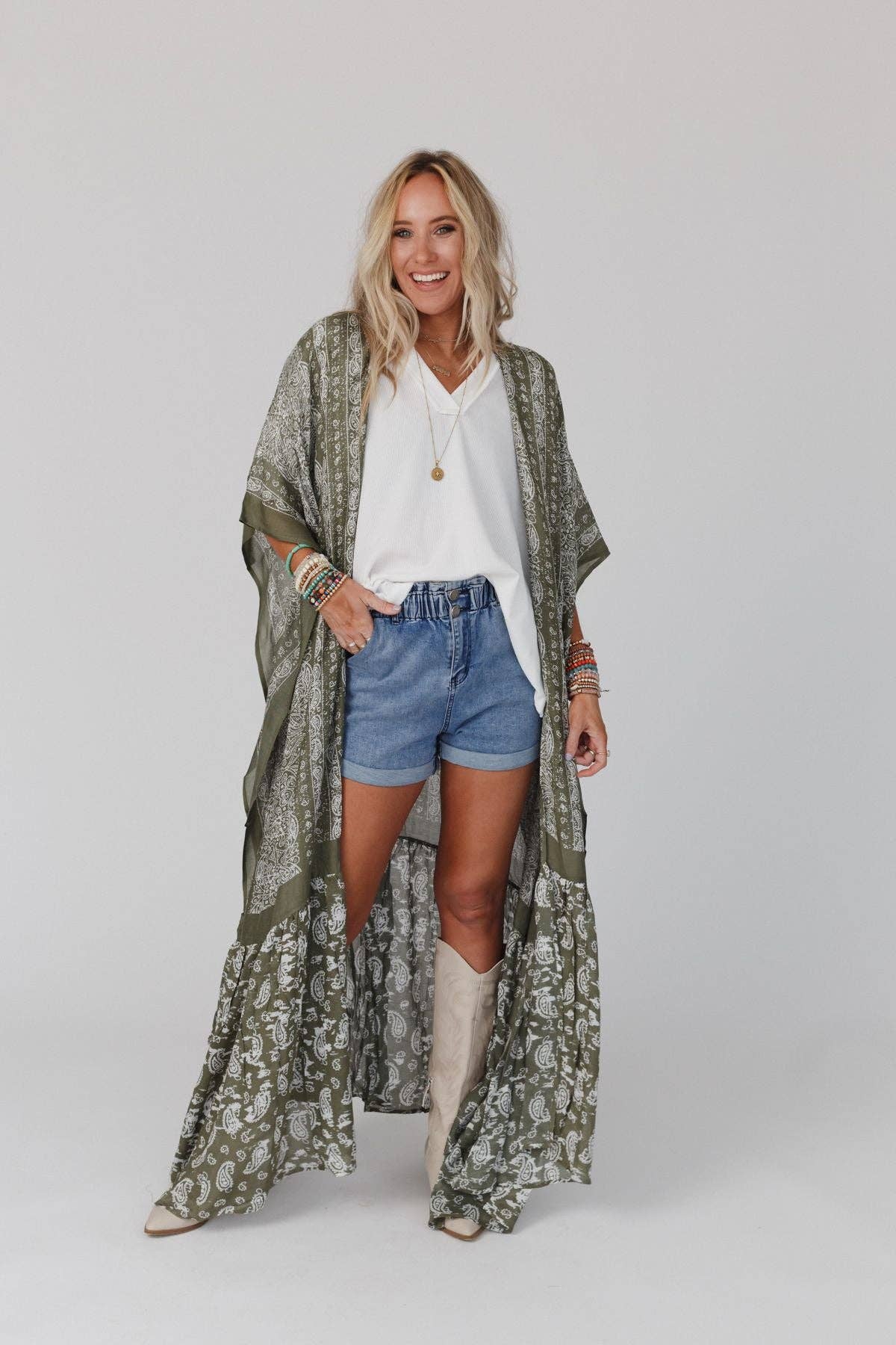 Three Bird Nest - Paisley Tapestry Free Flow Duster Kimono - Olive: OS