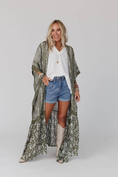Three Bird Nest - Paisley Tapestry Free Flow Duster Kimono - Olive: OS