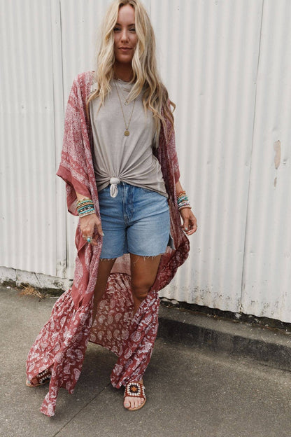 Three Bird Nest - Paisley Tapestry Free Flow Duster Kimono - Wine