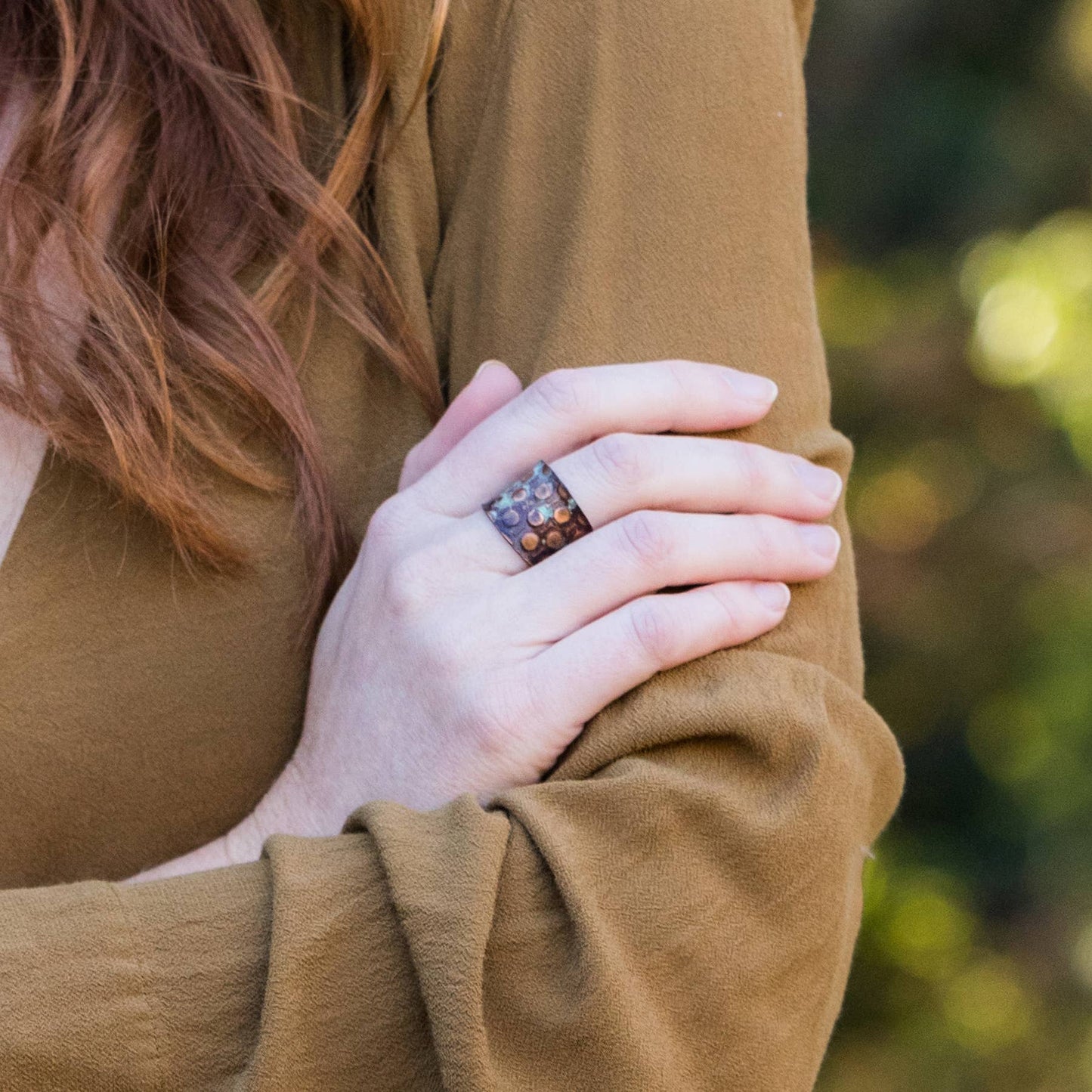 Anju Jewelry - Copper Patina Ring - Copper and Teal Rivets