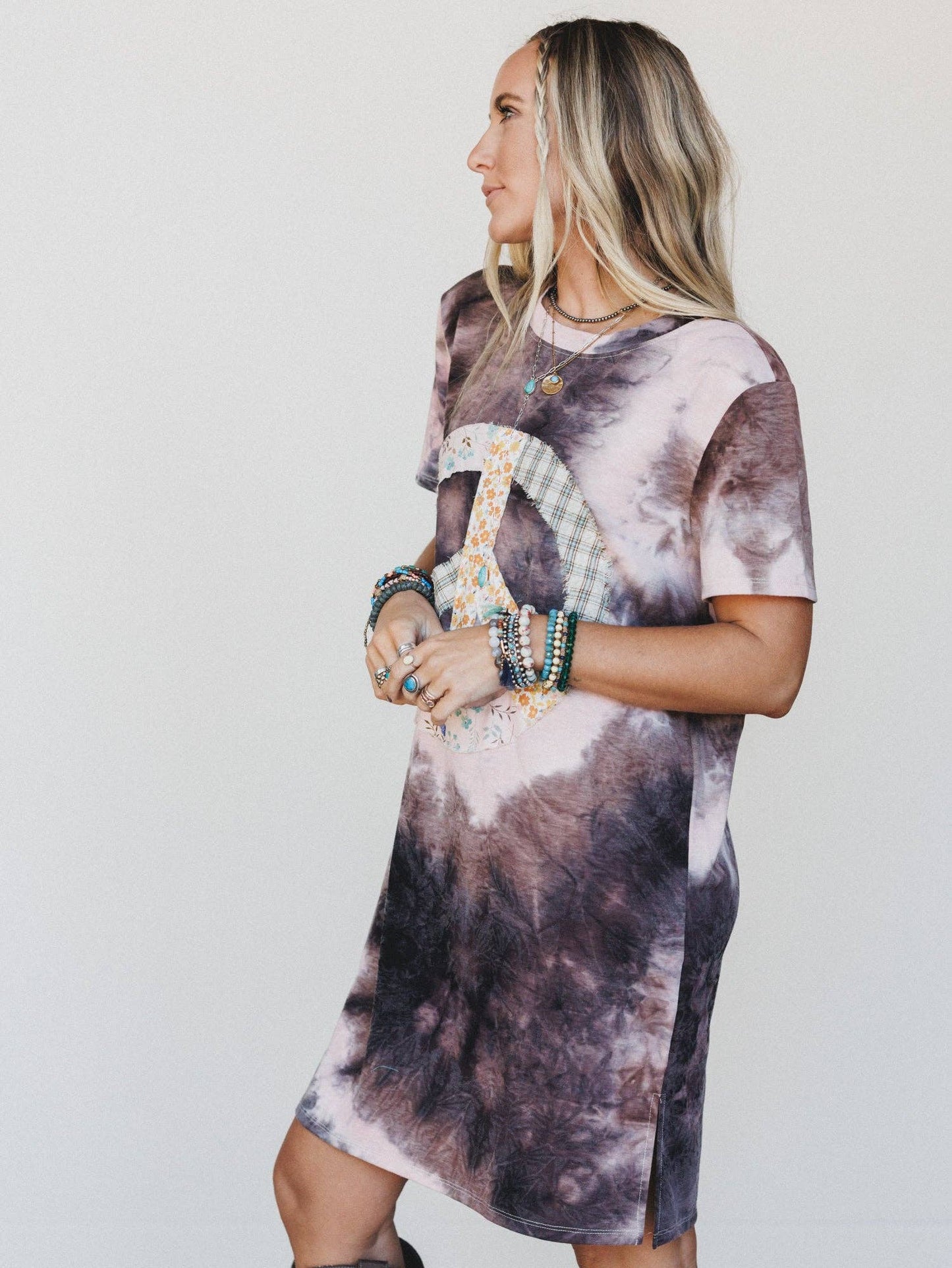 Three Bird Nest - Peace And Tie Dye Tee Dress - Gray Multi Tie Dye