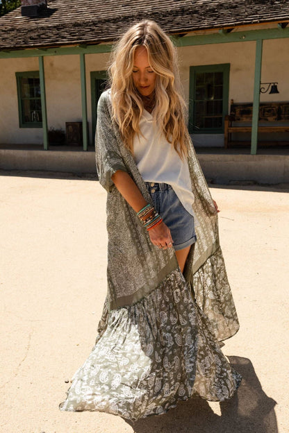 Three Bird Nest - Paisley Tapestry Free Flow Duster Kimono - Olive: OS