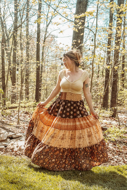 Gardenbelle Shop - Bohemian Earthy Print Tiered Maxi Skirt, Hippie Boho Dress