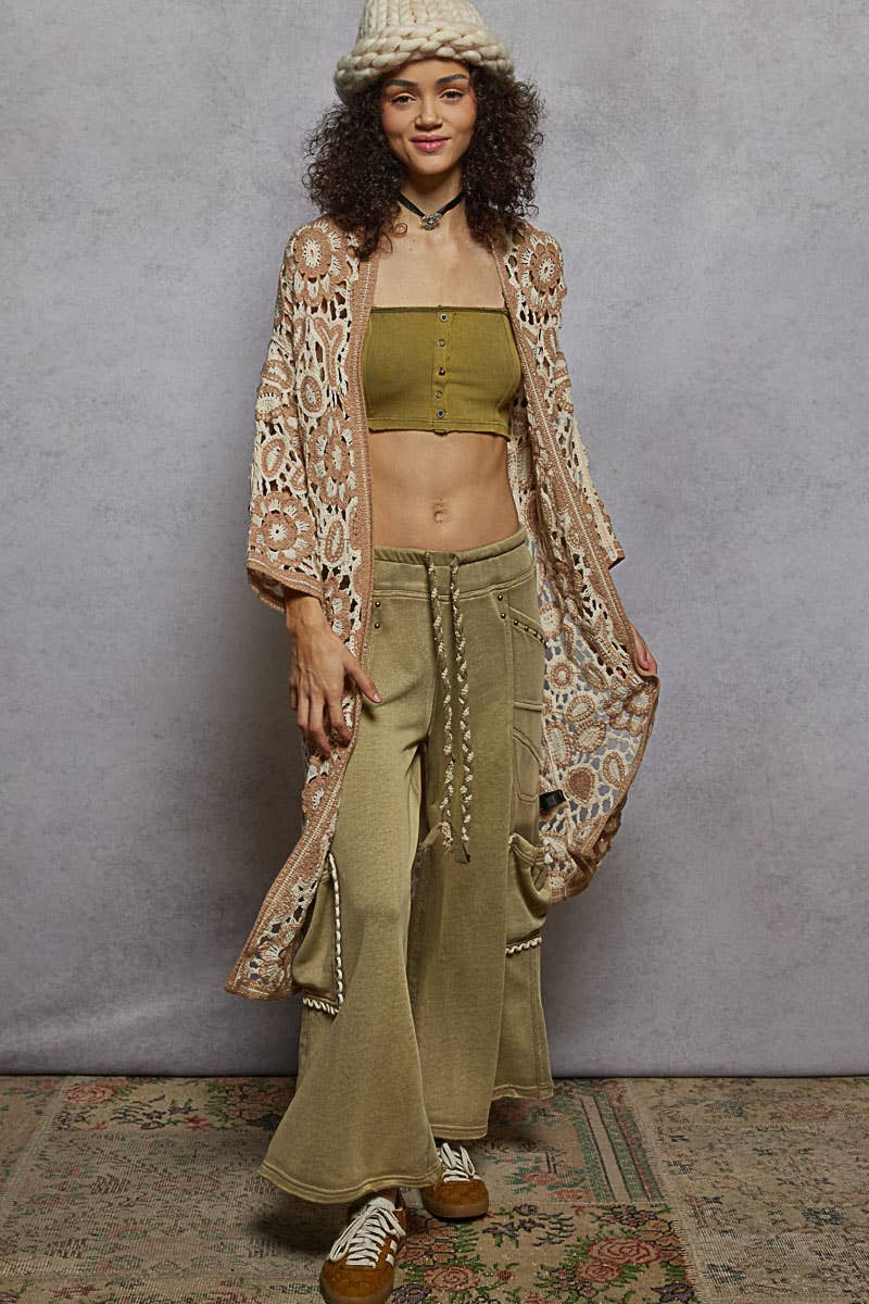 Pol Clothing - V-neck long sleeve crochet knit weave cardigan