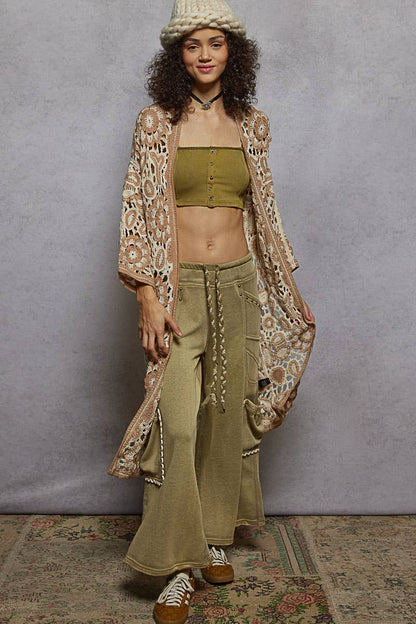 Pol Clothing - V-neck long sleeve crochet knit weave cardigan