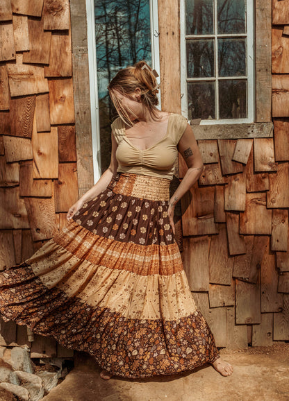 Gardenbelle Shop - Bohemian Earthy Print Tiered Maxi Skirt, Hippie Boho Dress